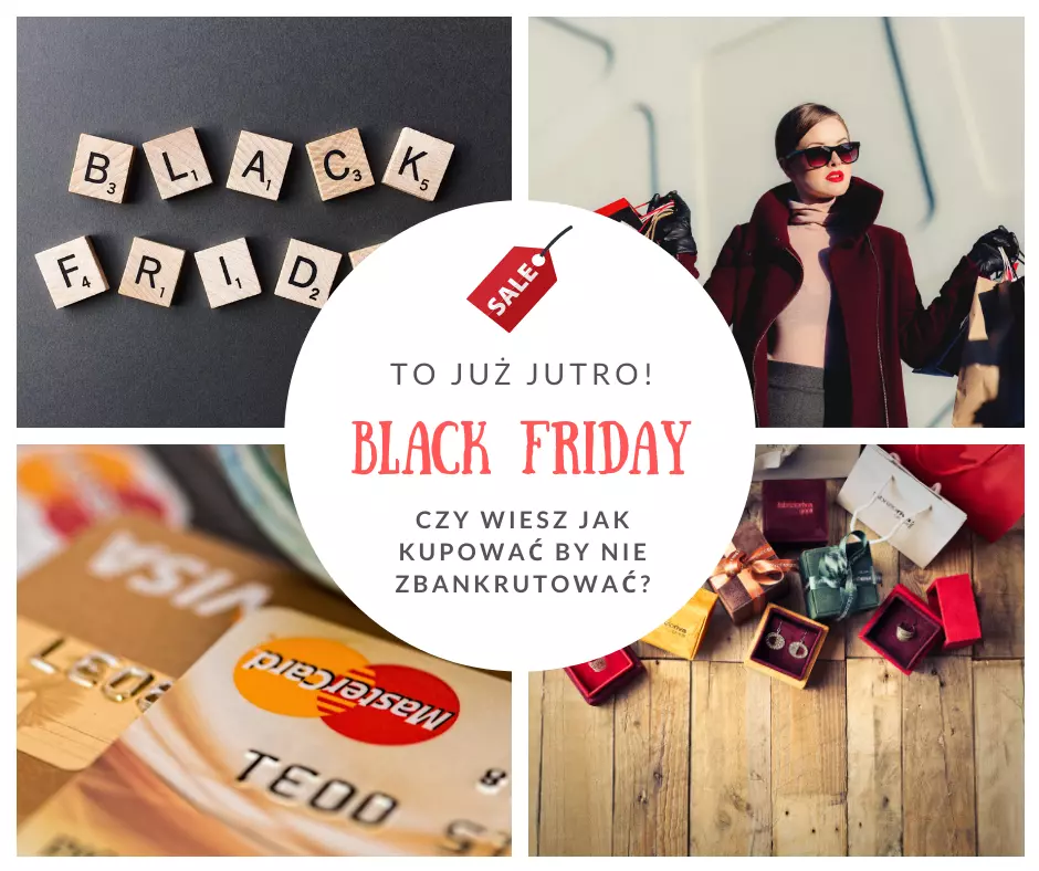 Kolaż o Black Friday - karta kredytowa, kobieta na zakupach, klocki z napisem, prezenty