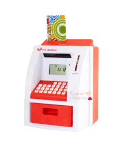 Biało czarowana skarbonka dla dzieci w formie zabawkowego bankomatu