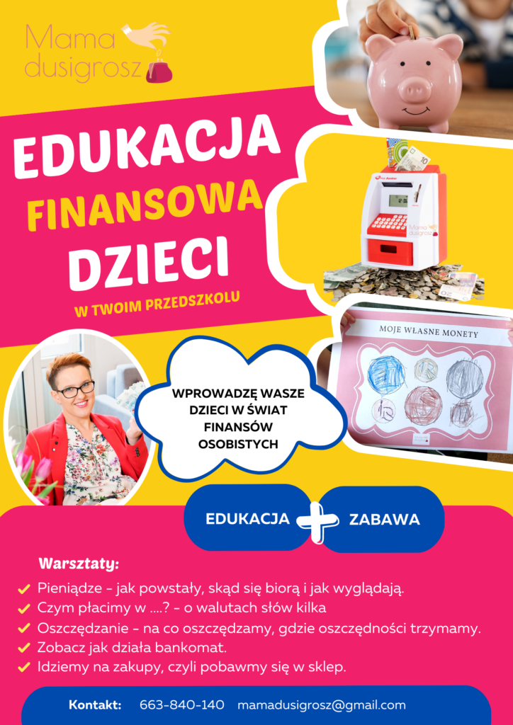 Ulotka przedstawiająca ofertę warsztatów z Edykacji finansowej dzieci dla przedszkoli